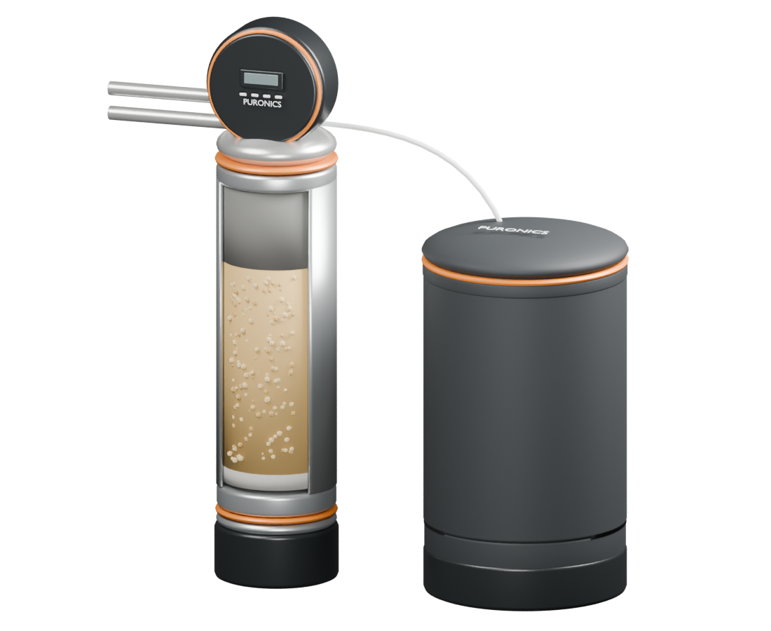 Illustrative water softener with resin and brine tanks
